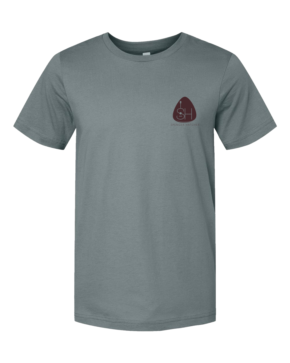 tee-grey-front SH logo with guitar pick-back "Cold beer & common sense" man with beer leaning against tree and man with chainsaw sitting on branch